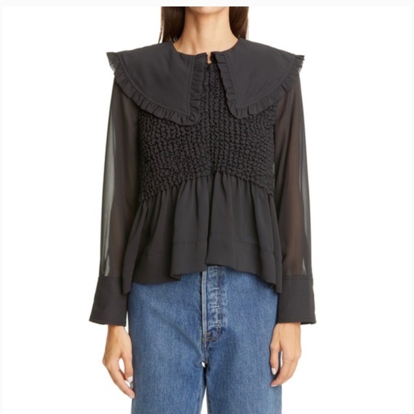 GANNI sz 34 Ruffle Collar Smocked Chiffon Blouse Black - Picture 1 of 7